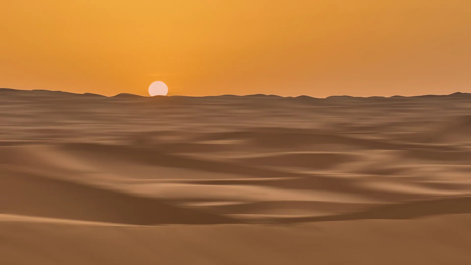 Golden sunset over vast Saharan desert sand dunes, Merzouga, Sahara Desert, Morocco
